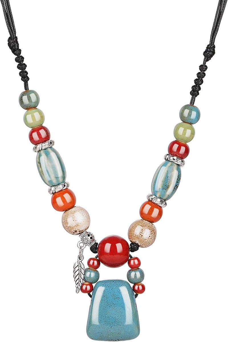 DS Boho Beaded Necklace for Women–Colorful Ceramic & African Tribal Beads, Adjustable Long Chunky Bohemian Jewelry with Gift Box Packaging,Hippie Witchy Vintage Handmade Fashion Statement Necklace - Image 1